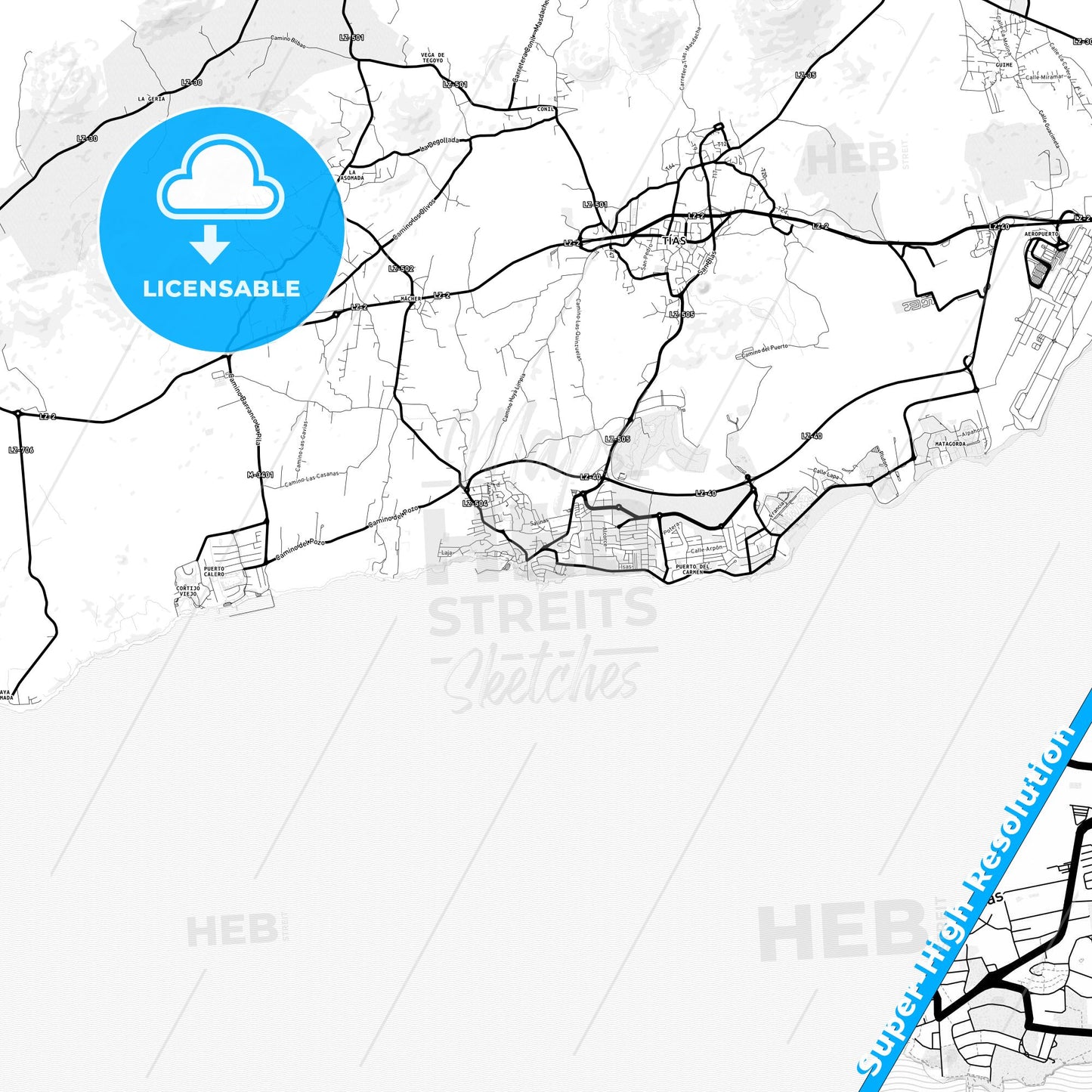 Puerto del Carmen, Spain Light Map with Street Names, City Names, and Districts