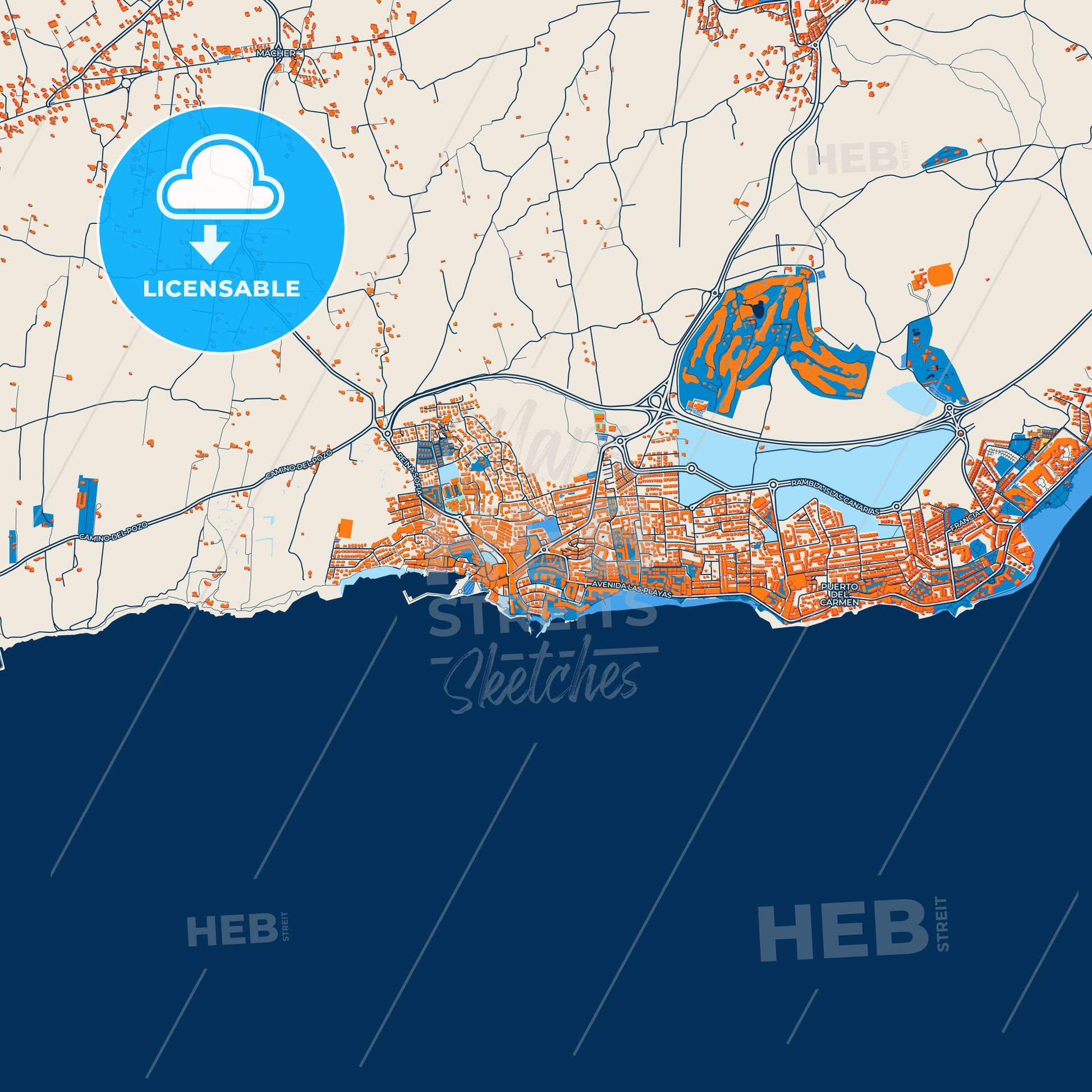 Colorful Puerto del Carmen Street Map with Labels and Buildings