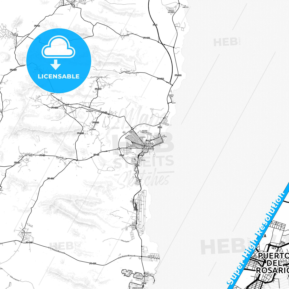 Puerto del Rosario, Spain light map with streetnames, citynames and districts