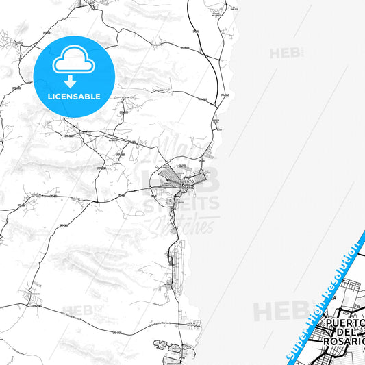 Puerto del Rosario, Spain light map with streetnames, citynames and districts