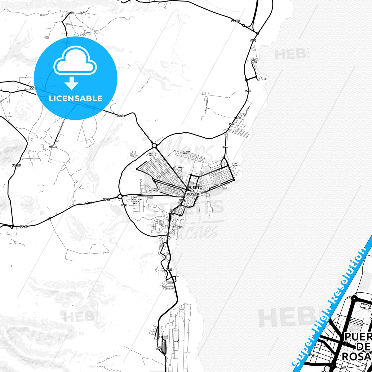 Puerto del Rosario, Spain Light Map with Street Names, City Names, and Districts