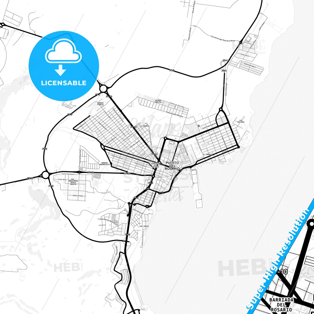 Puerto del Rosario, Spain Light Map with Street Names, City Names, and Districts