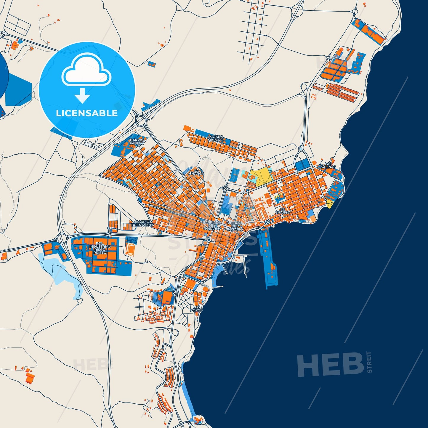 Colorful Puerto del Rosario Street Map with Labels and Buildings