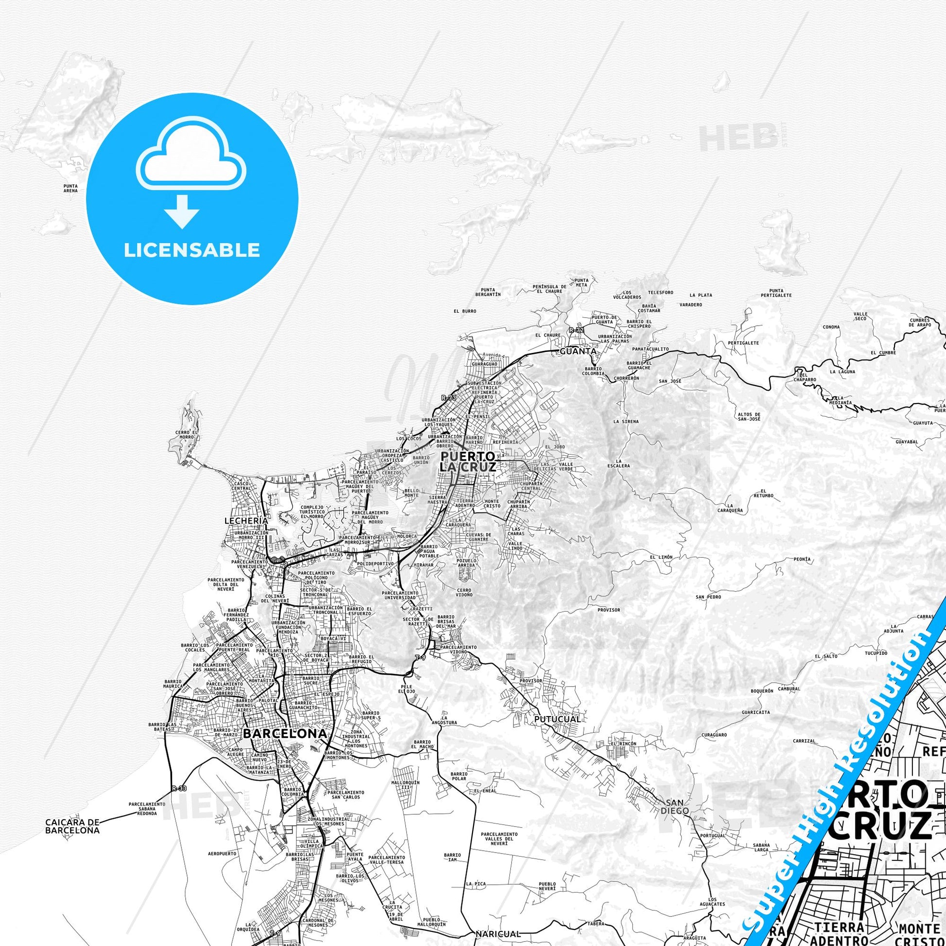 Puerto La Cruz, Venezuela light map with streetnames, citynames and districts