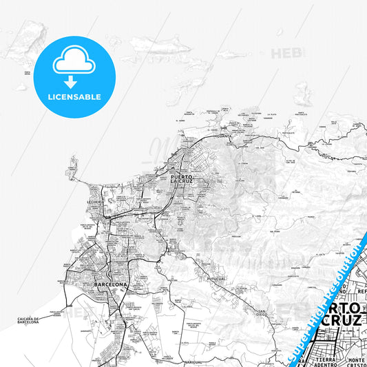 Puerto La Cruz, Venezuela light map with streetnames, citynames and districts
