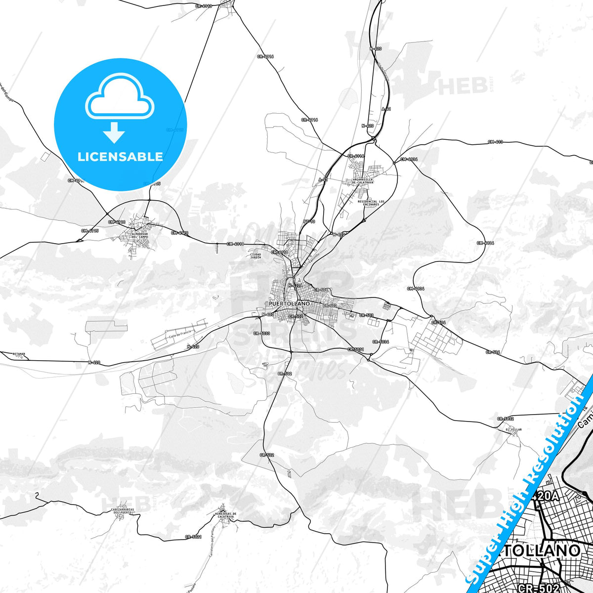 Puertollano, Spain light map with streetnames, citynames and districts