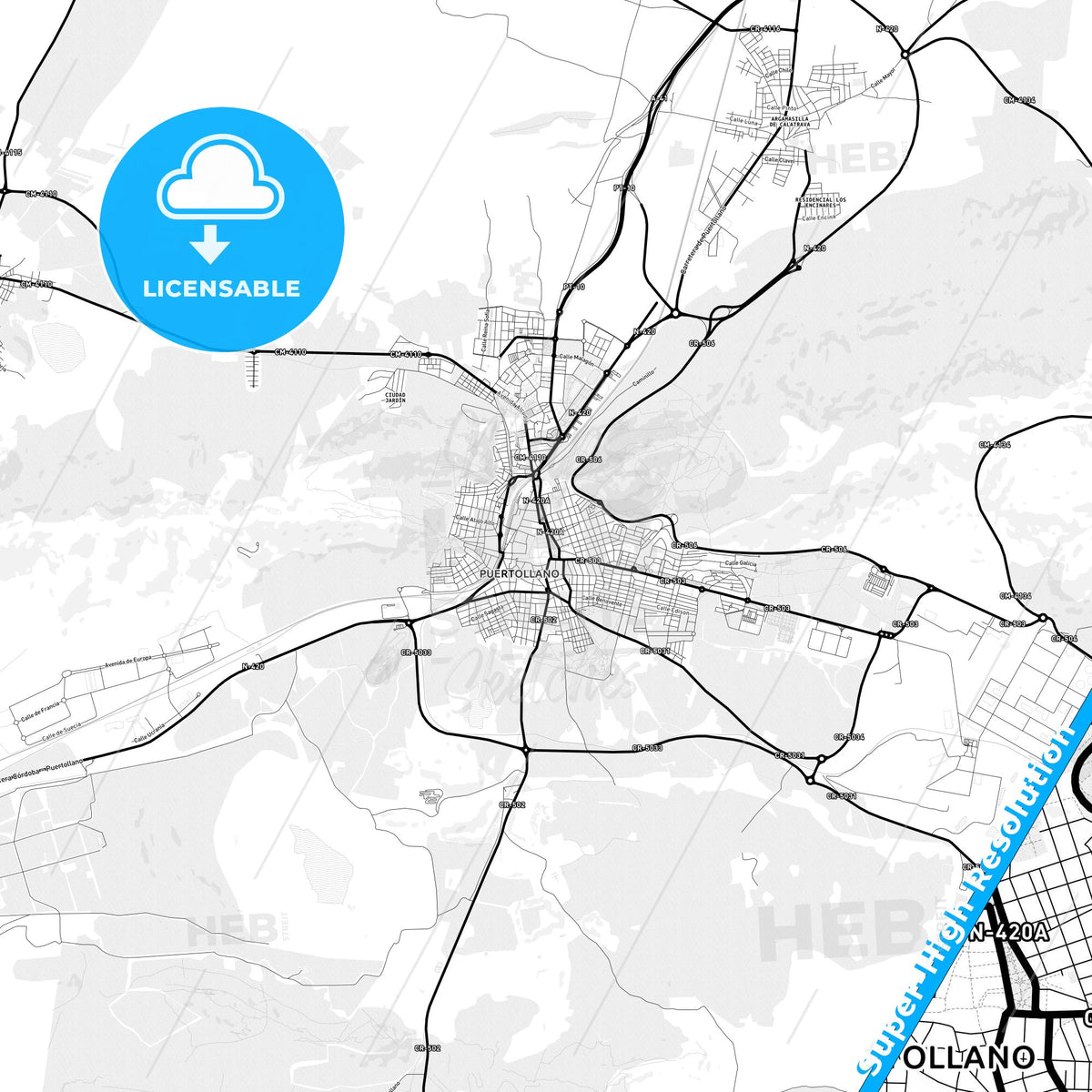 Puertollano, Spain Light Map with Street Names, City Names, and Districts