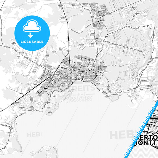 Puerto Montt, Chile light map with streetnames, citynames and districts