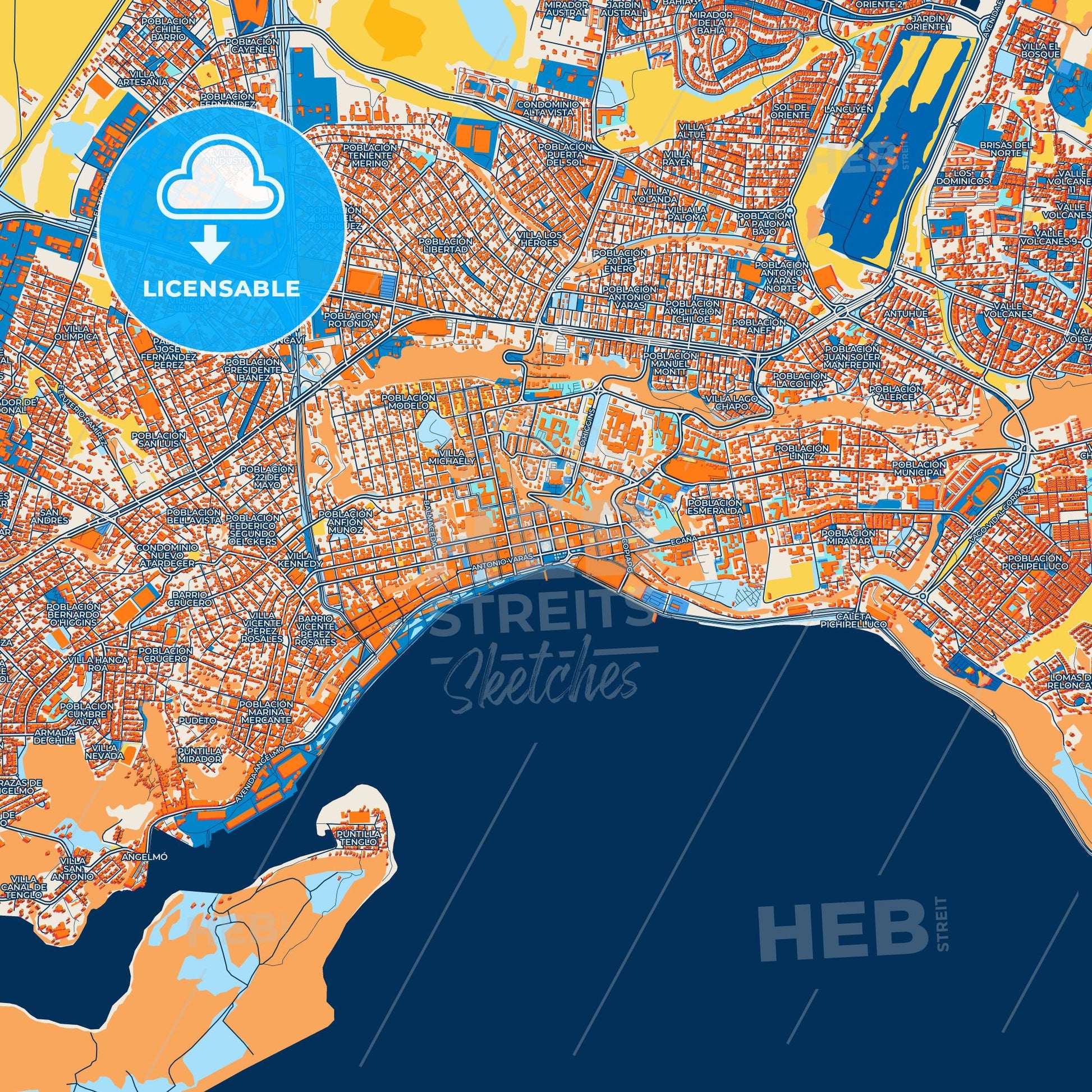 Colorful Puerto Montt Street Map with Labels and Buildings