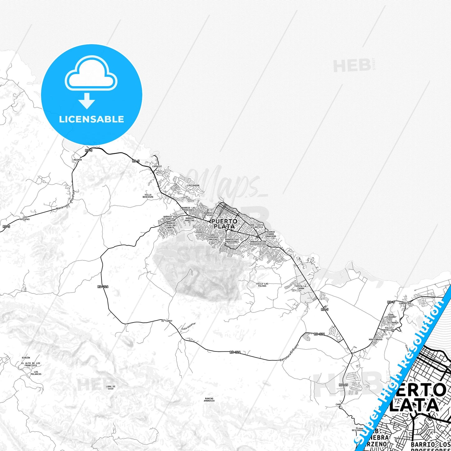 Puerto Plata, Dominican Republic light map with streetnames, citynames and districts