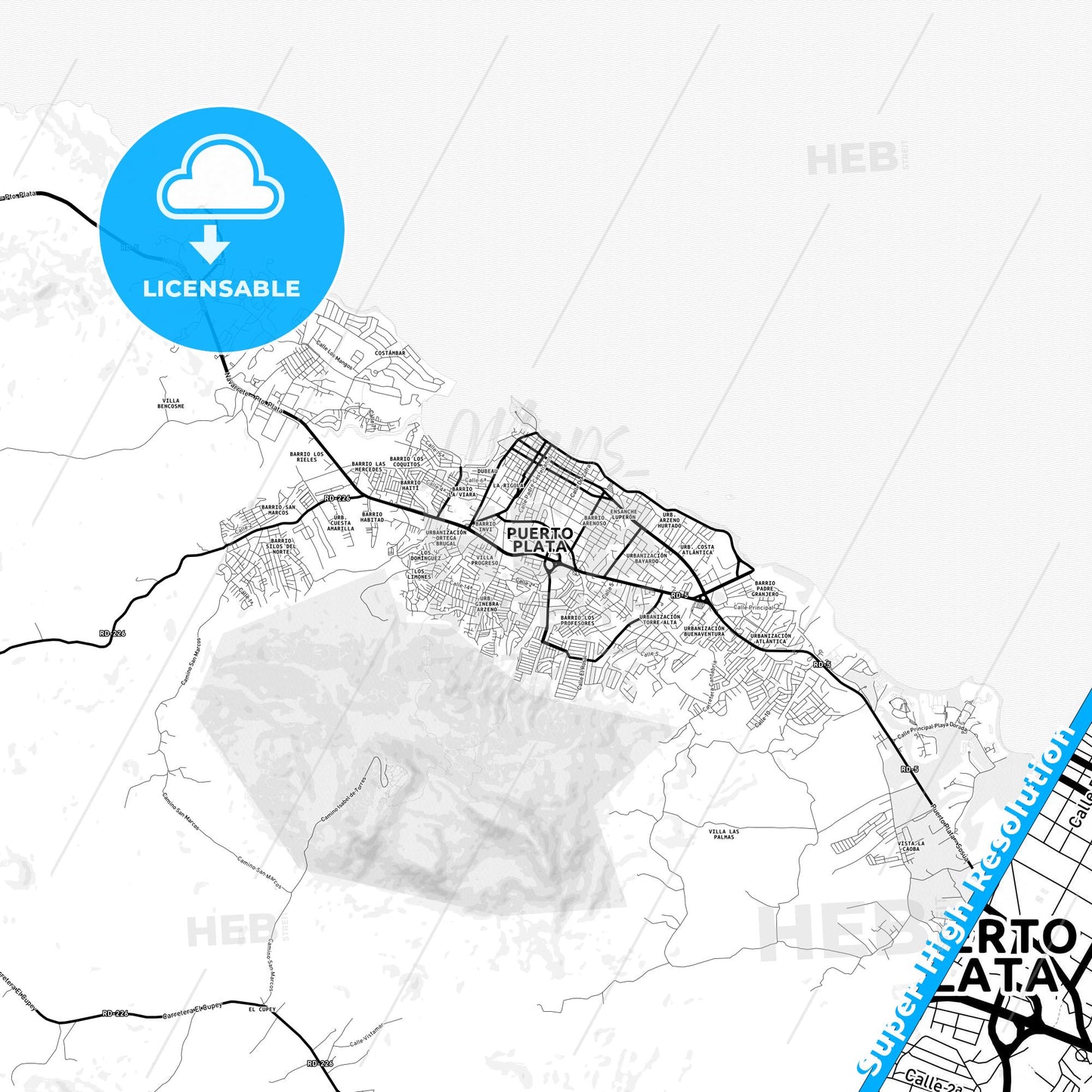 Puerto Plata, Dominican Republic Light Map with Street Names, City Names, and Districts