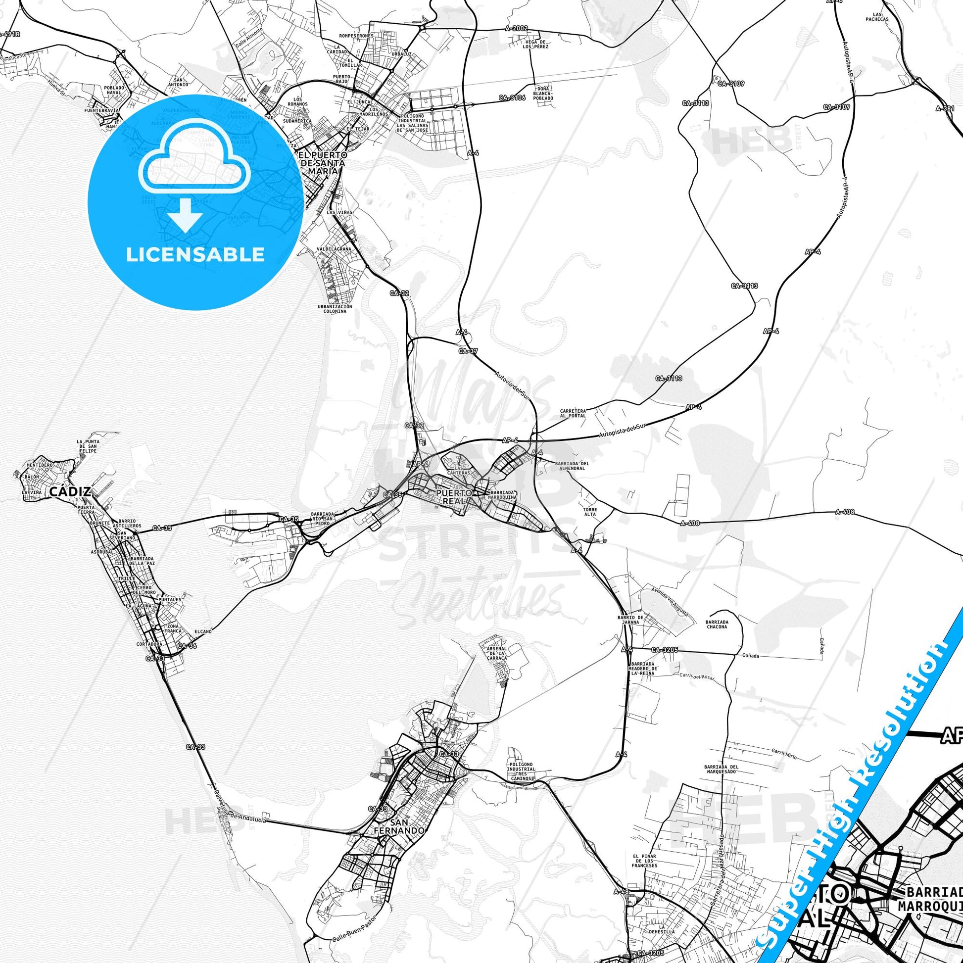 Puerto Real, Spain light map with streetnames, citynames and districts