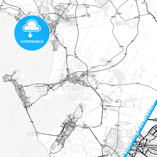 Puerto Real, Spain light map with streetnames, citynames and districts