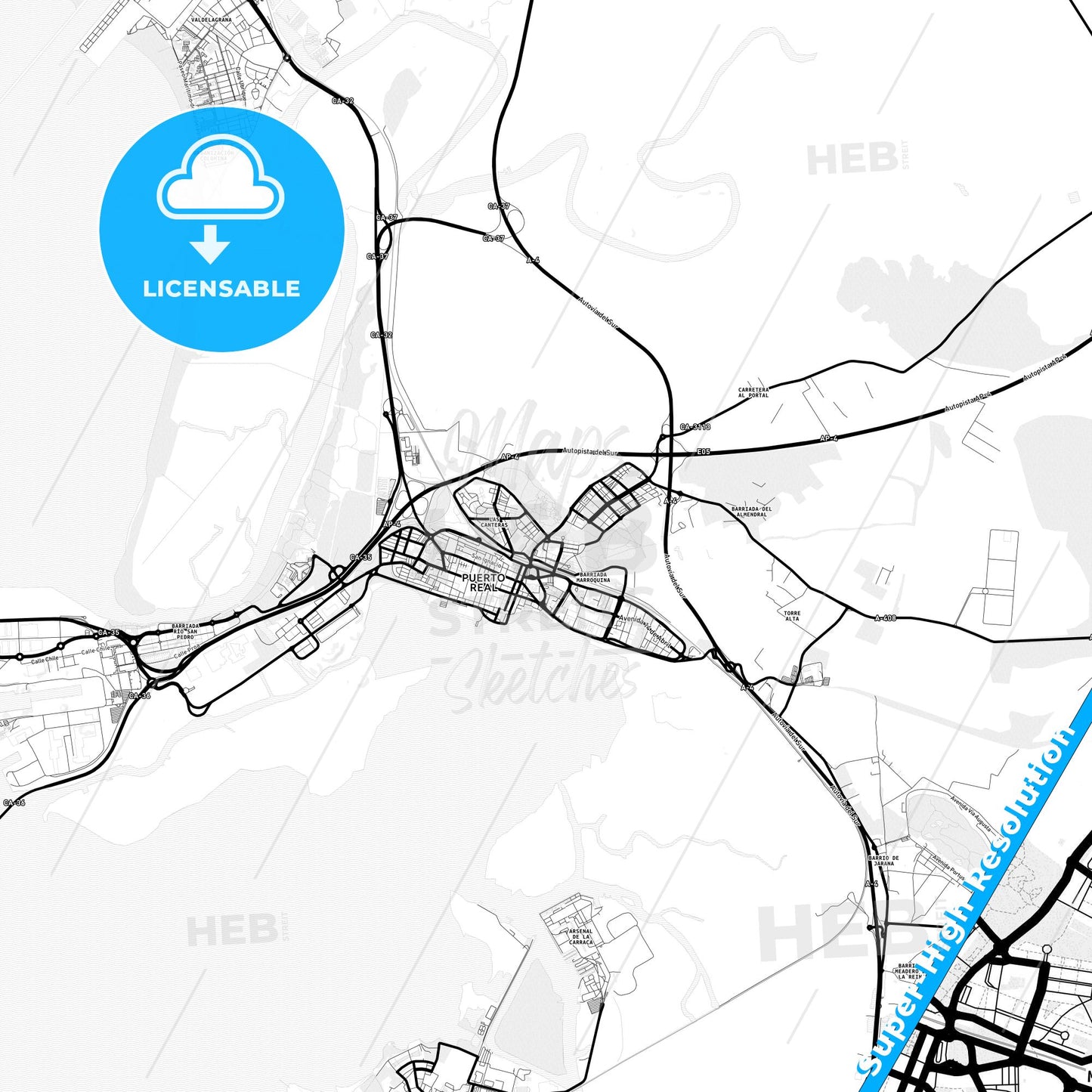Puerto Real, Spain Light Map with Street Names, City Names, and Districts