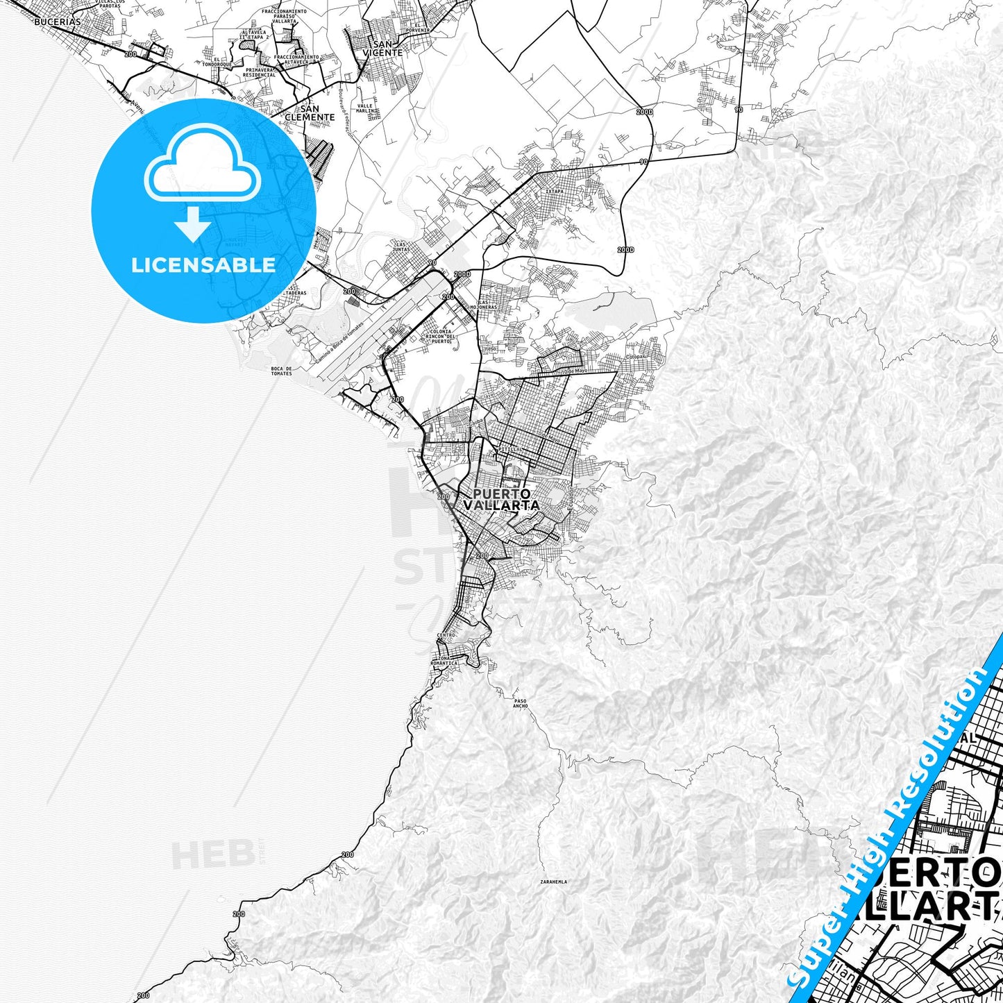 Puerto Vallarta, Mexico light map with streetnames, citynames and districts
