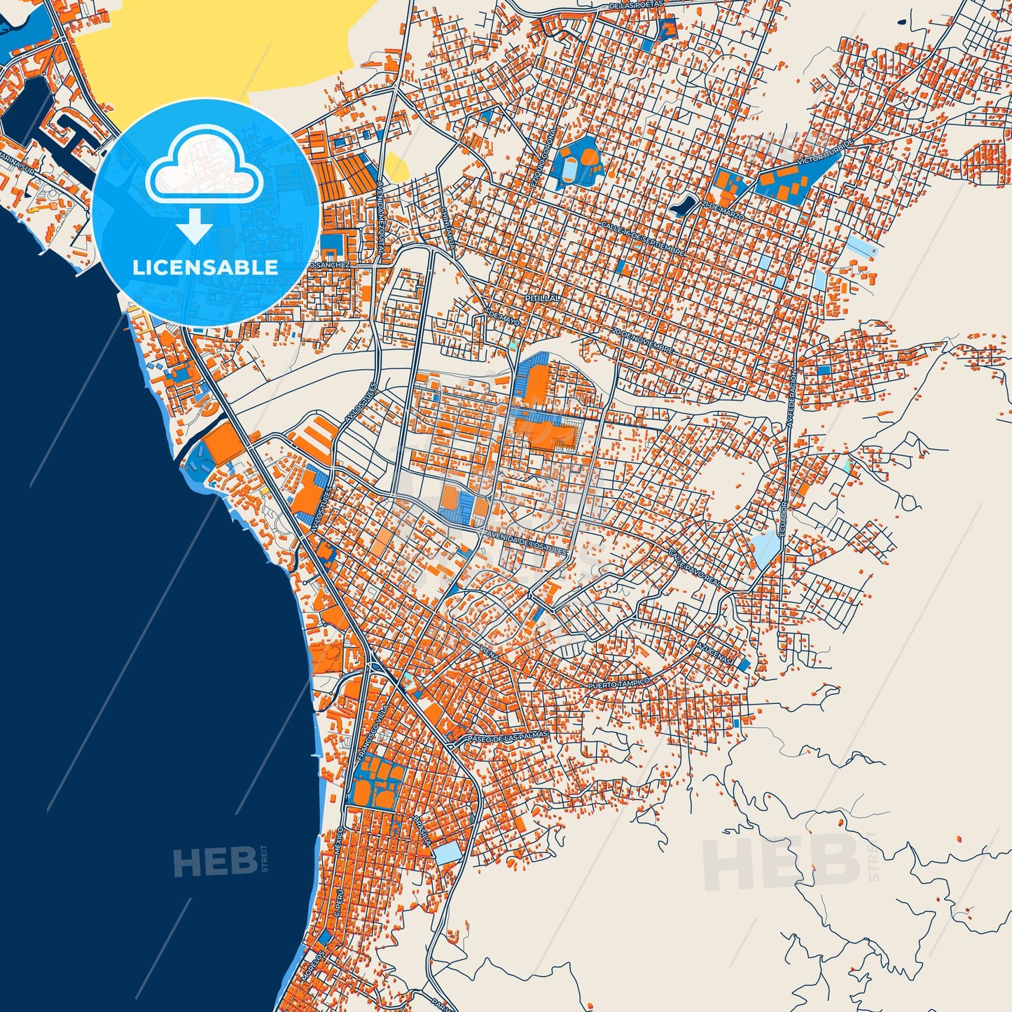 Colorful Puerto Vallarta Street Map with Labels and Buildings