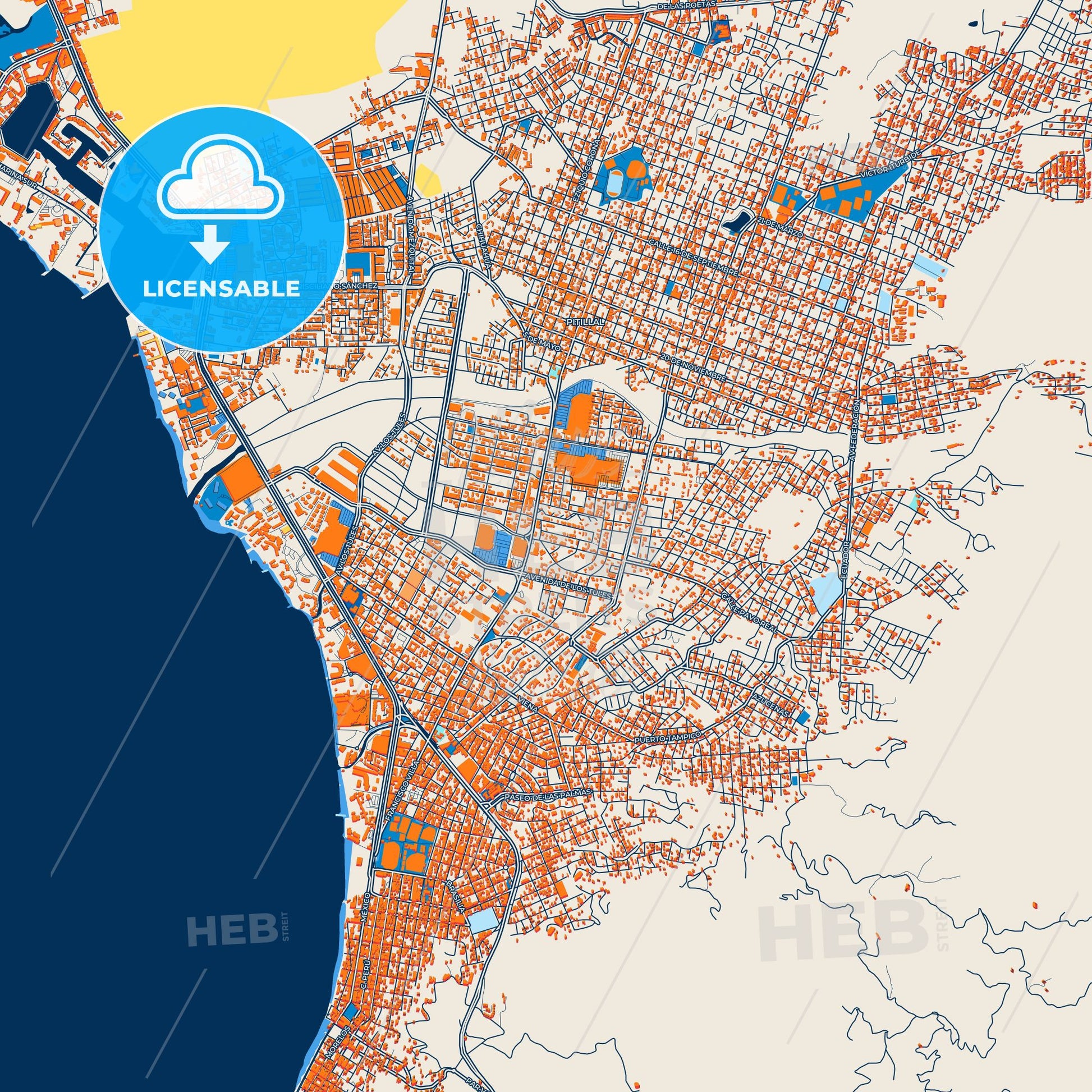 Colorful Puerto Vallarta Street Map with Labels and Buildings