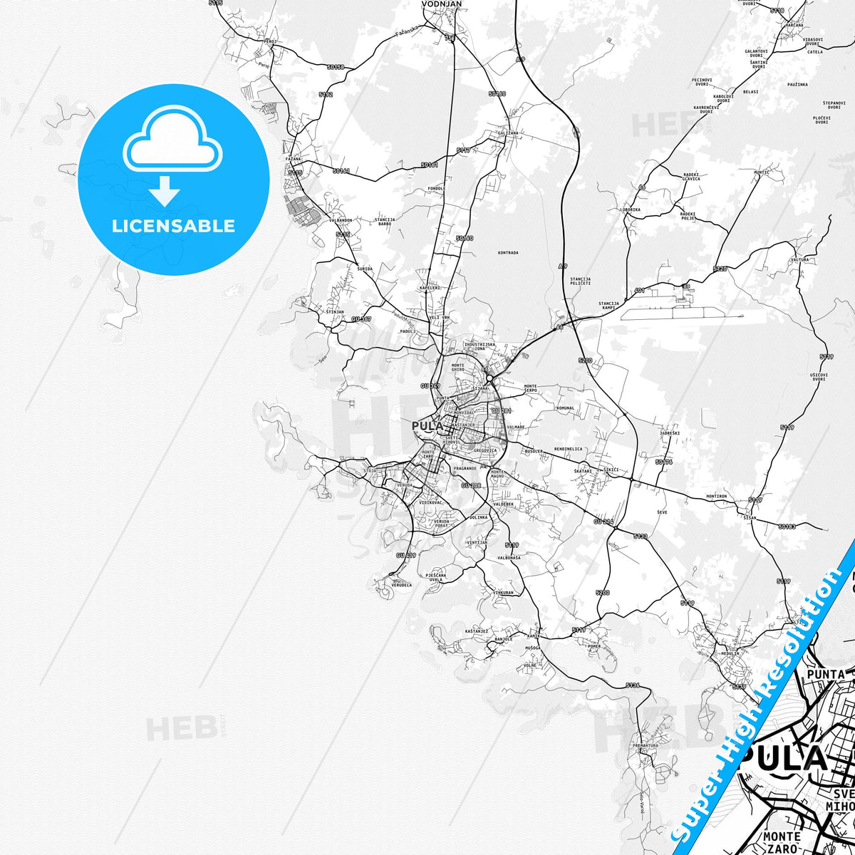 Pula/Pola, Croatia light map with streetnames, citynames and districts