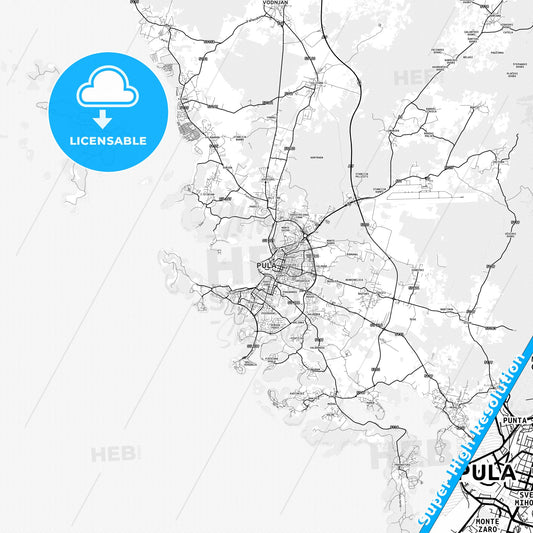 Pula/Pola, Croatia light map with streetnames, citynames and districts