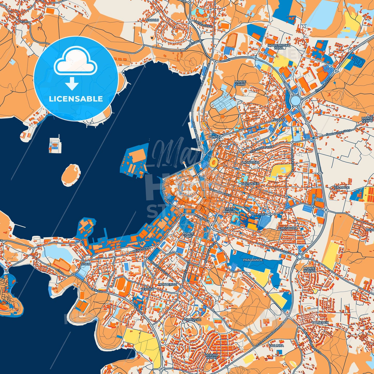 Colorful Pula/Pola Street Map with Labels and Buildings