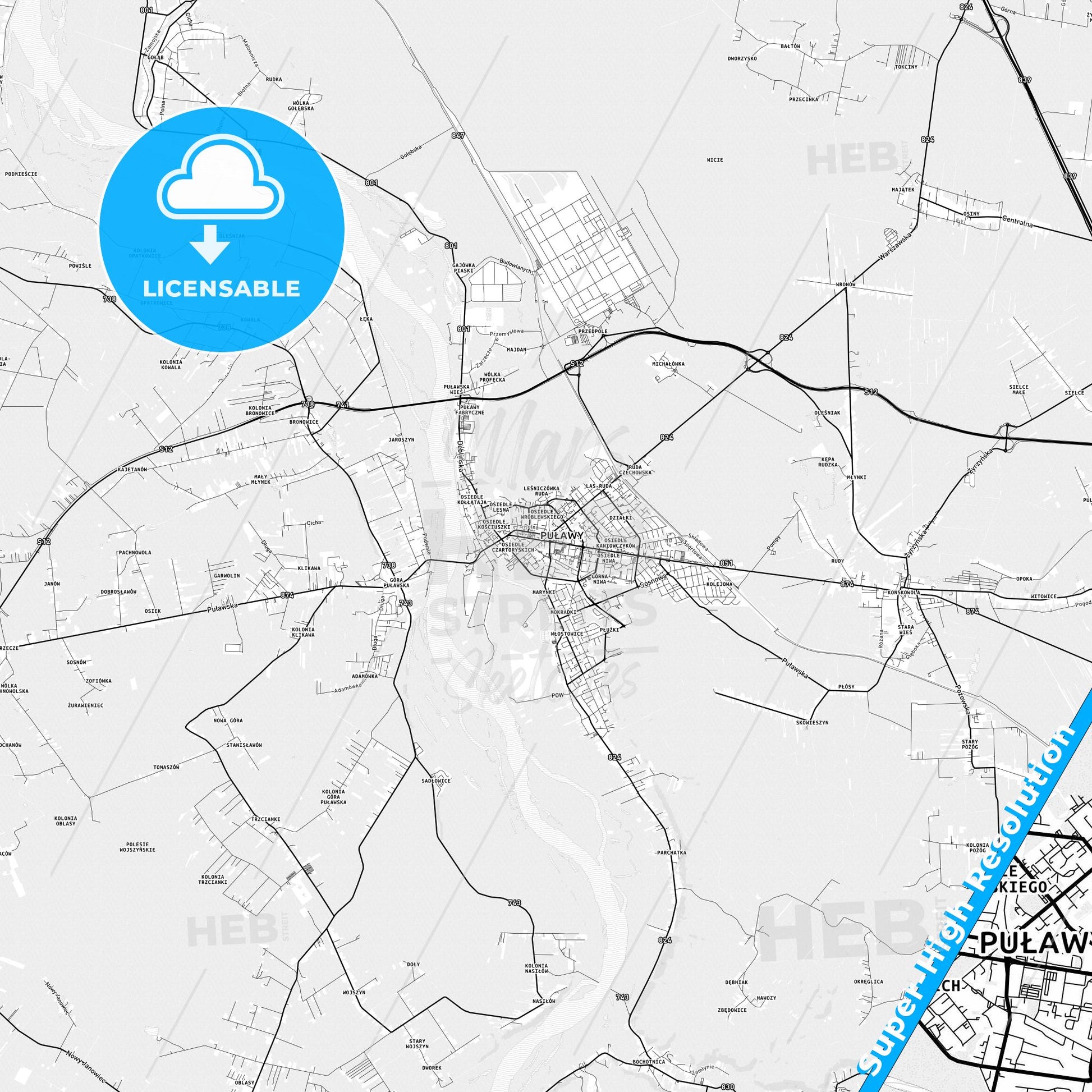 Puławy, Poland light map with streetnames, citynames and districts