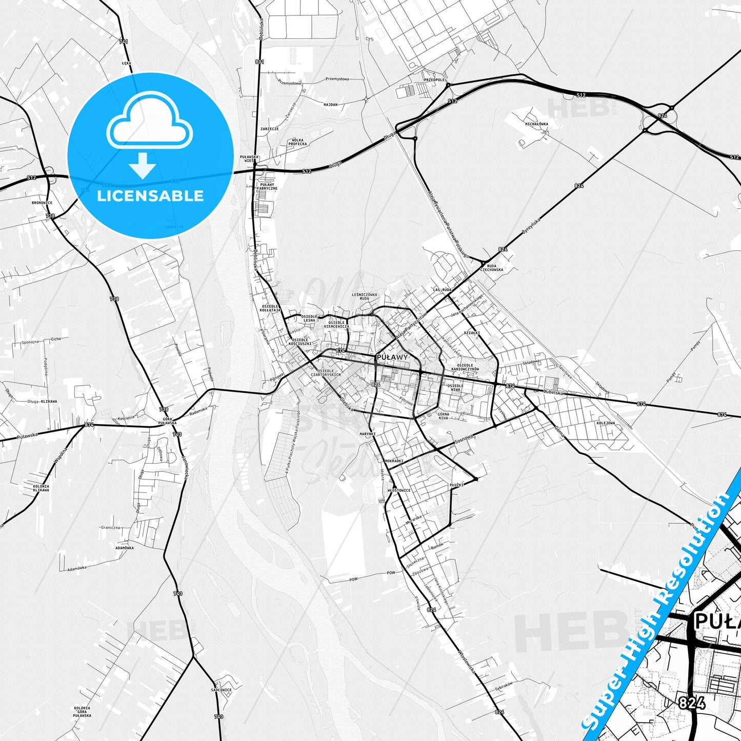 Puławy, Poland Light Map with Street Names, City Names, and Districts