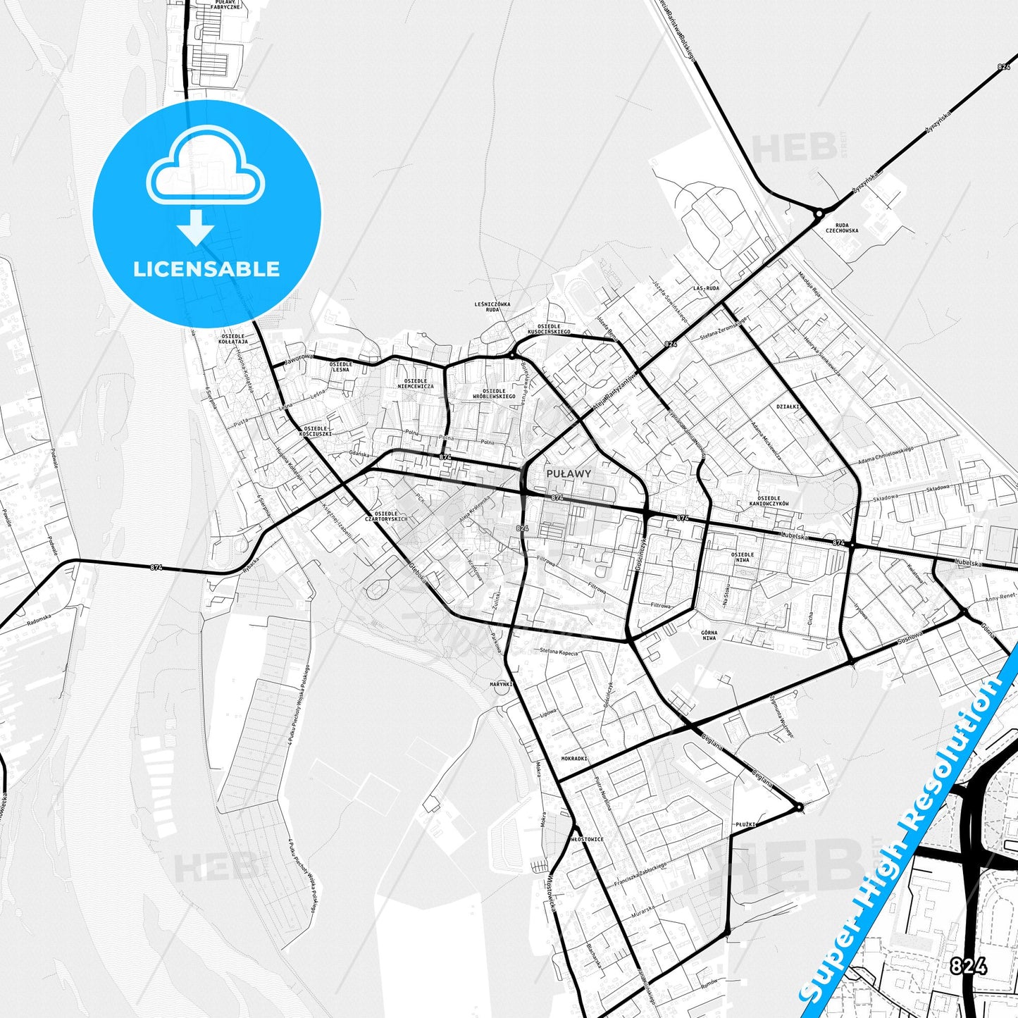 Puławy, Poland Light Map with Street Names, City Names, and Districts