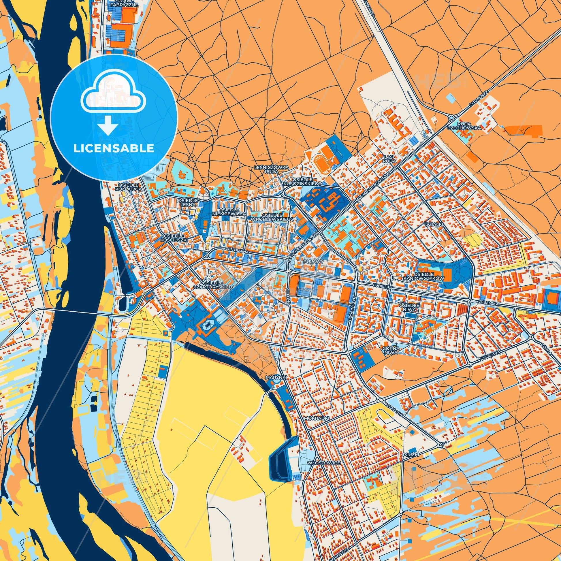 Colorful Puławy Street Map with Labels and Buildings