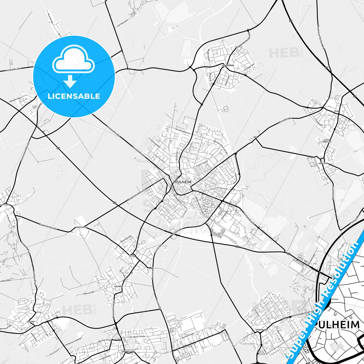 Pulheim, Germany Light Map with Street Names, City Names, and Districts