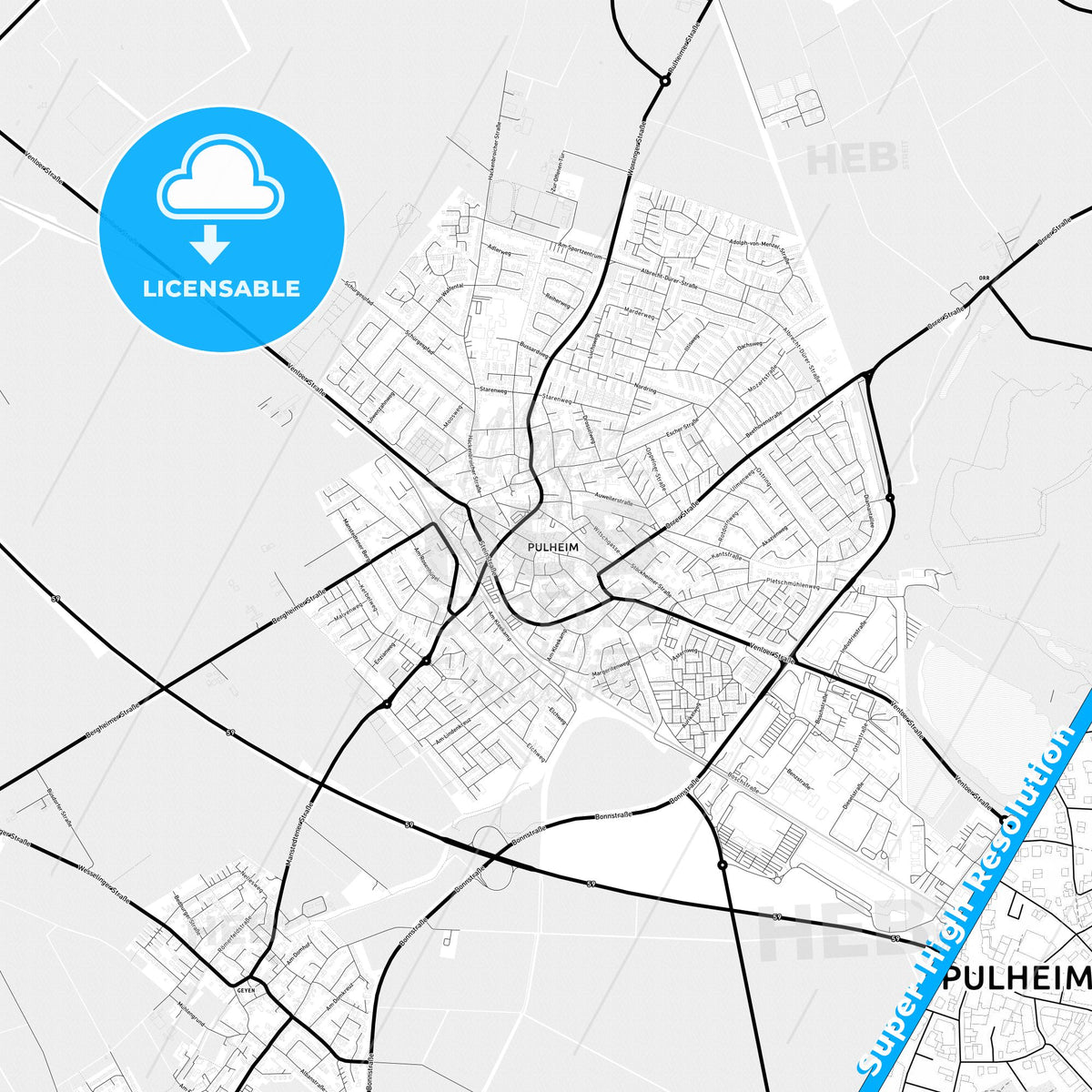 Pulheim, Germany Light Map with Street Names, City Names, and Districts