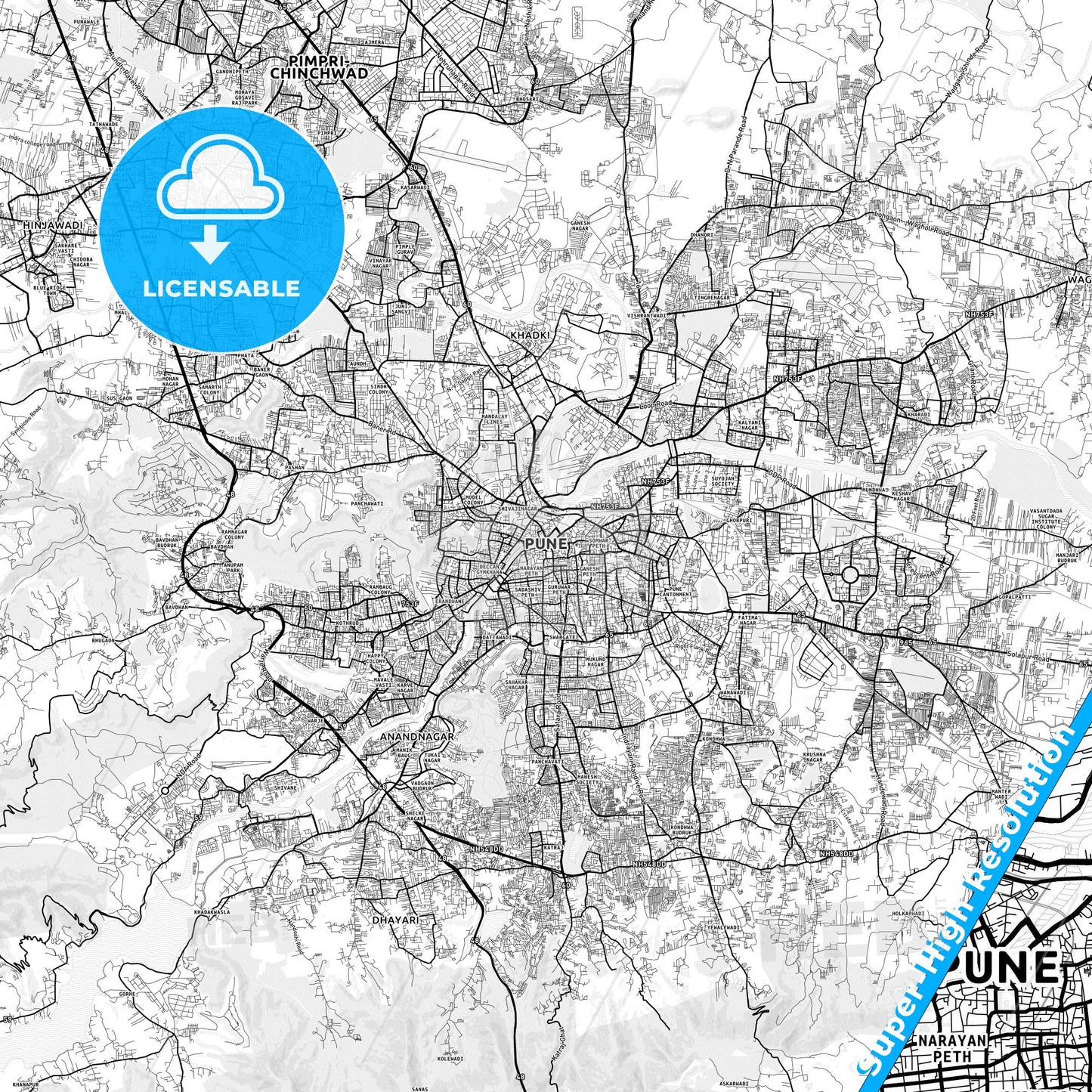 Pune, India light map with streetnames, citynames and districts