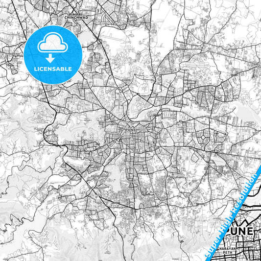 Pune, India light map with streetnames, citynames and districts