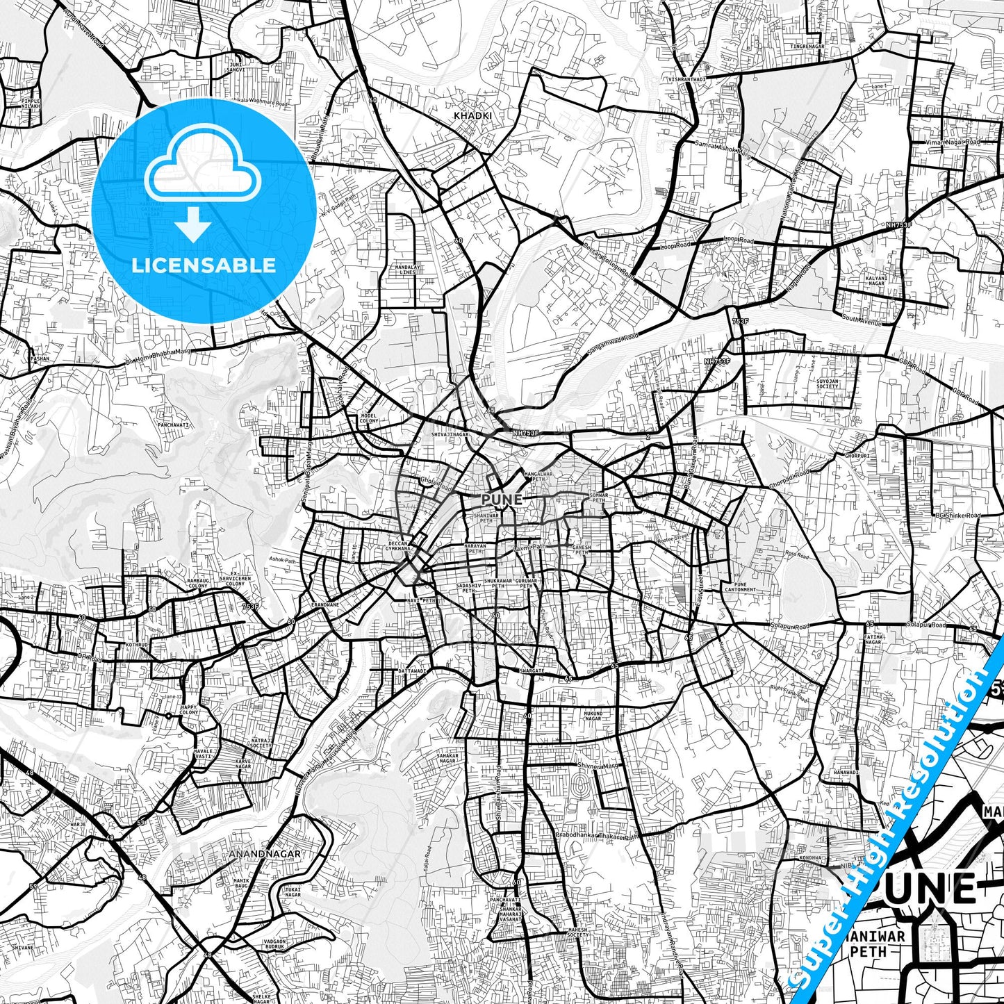 Pune, India Light Map with Street Names, City Names, and Districts
