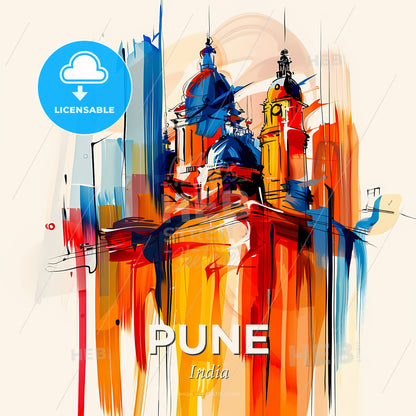 Vibrant Pune, India - A Painting Of A Building With Towers And A Tower - Square format print template
