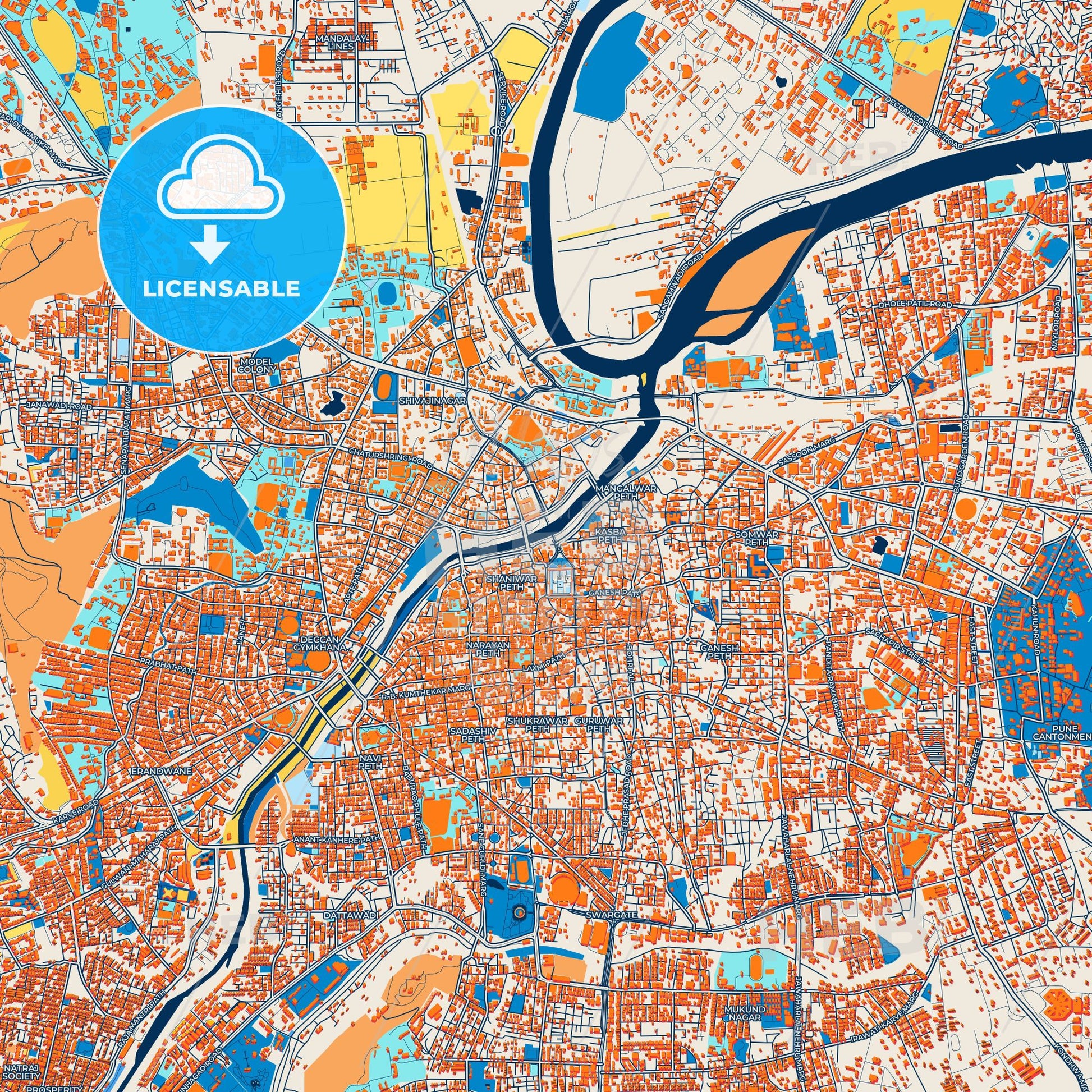 Colorful Pune Street Map with Labels and Buildings