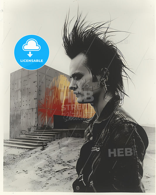 Vibrant Postcard Depicting Brutalism Architecture and a Punk Man with Mohawk