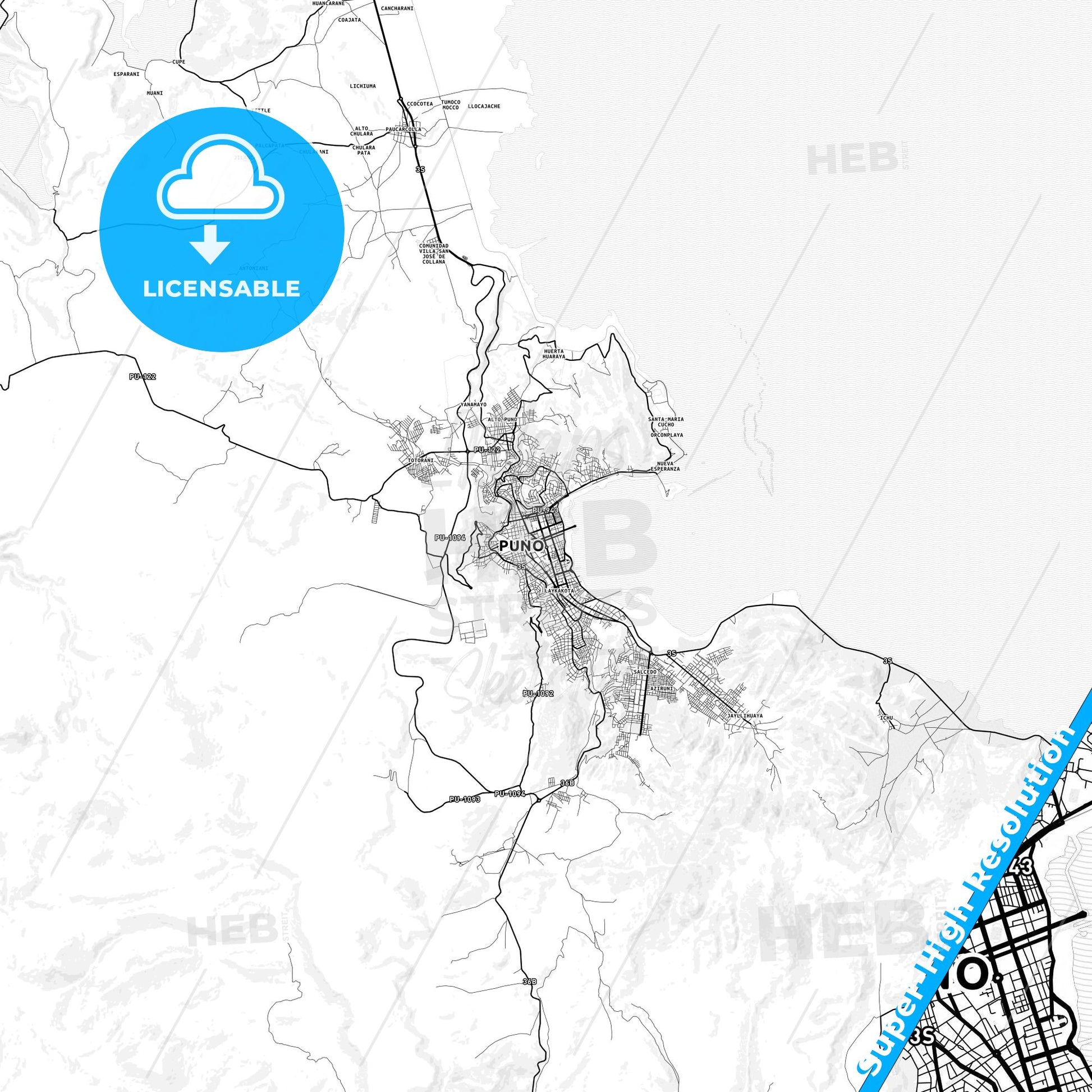 Puno, Peru light map with streetnames, citynames and districts