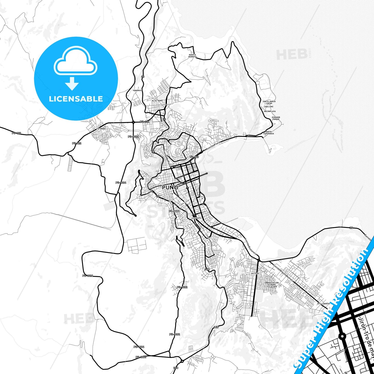 Puno, Peru Light Map with Street Names, City Names, and Districts