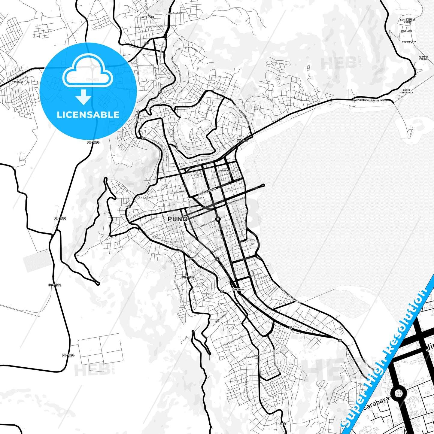Puno, Peru Light Map with Street Names, City Names, and Districts
