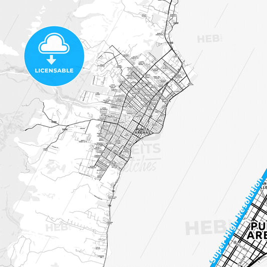 Punta Arenas, Chile light map with streetnames, citynames and districts
