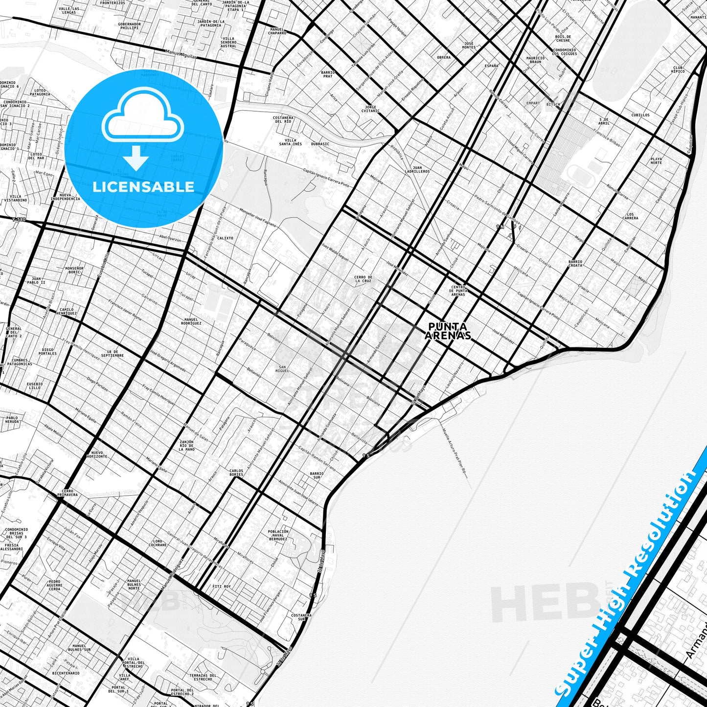 Punta Arenas, Chile Light Map with Street Names, City Names, and Districts