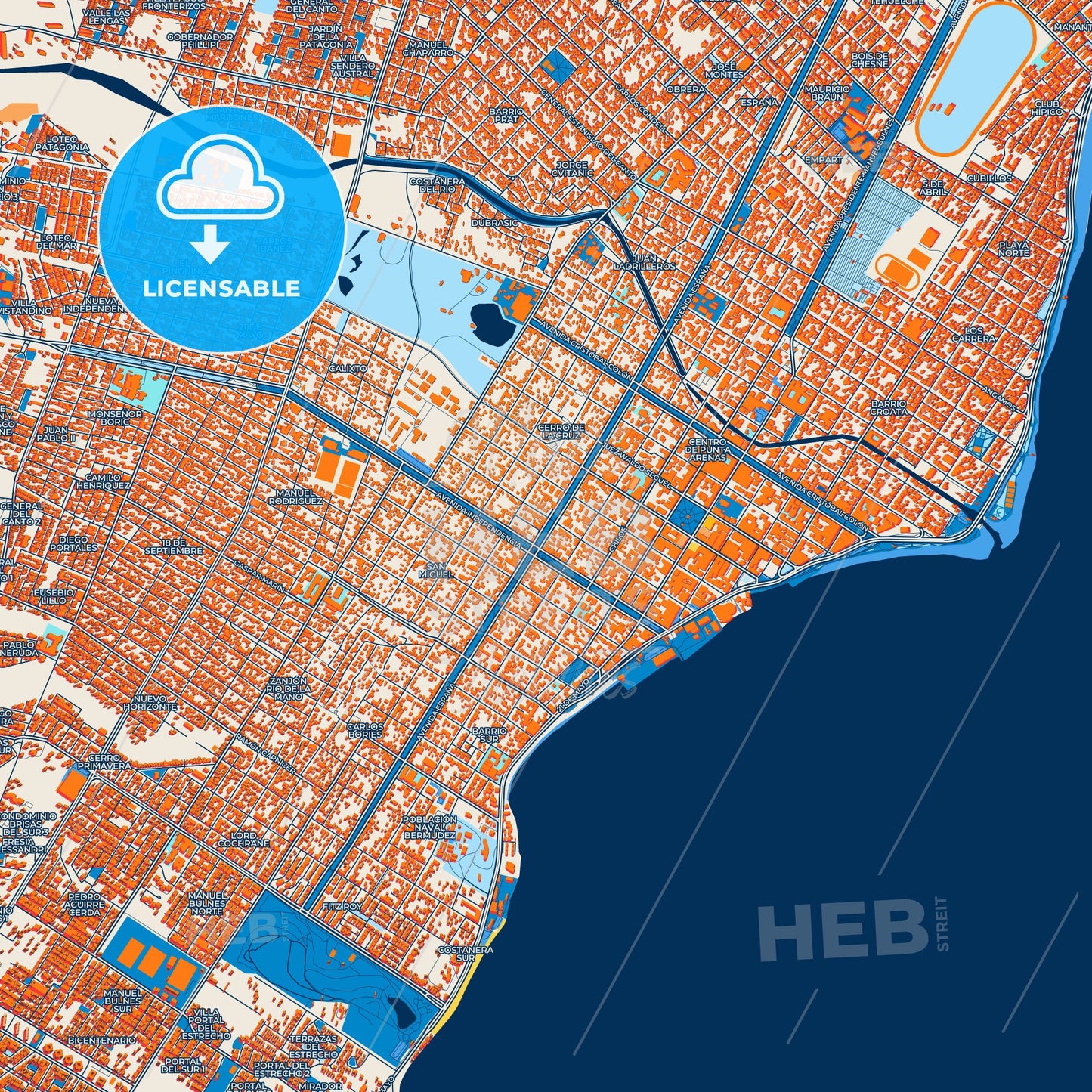 Colorful Punta Arenas Street Map with Labels and Buildings