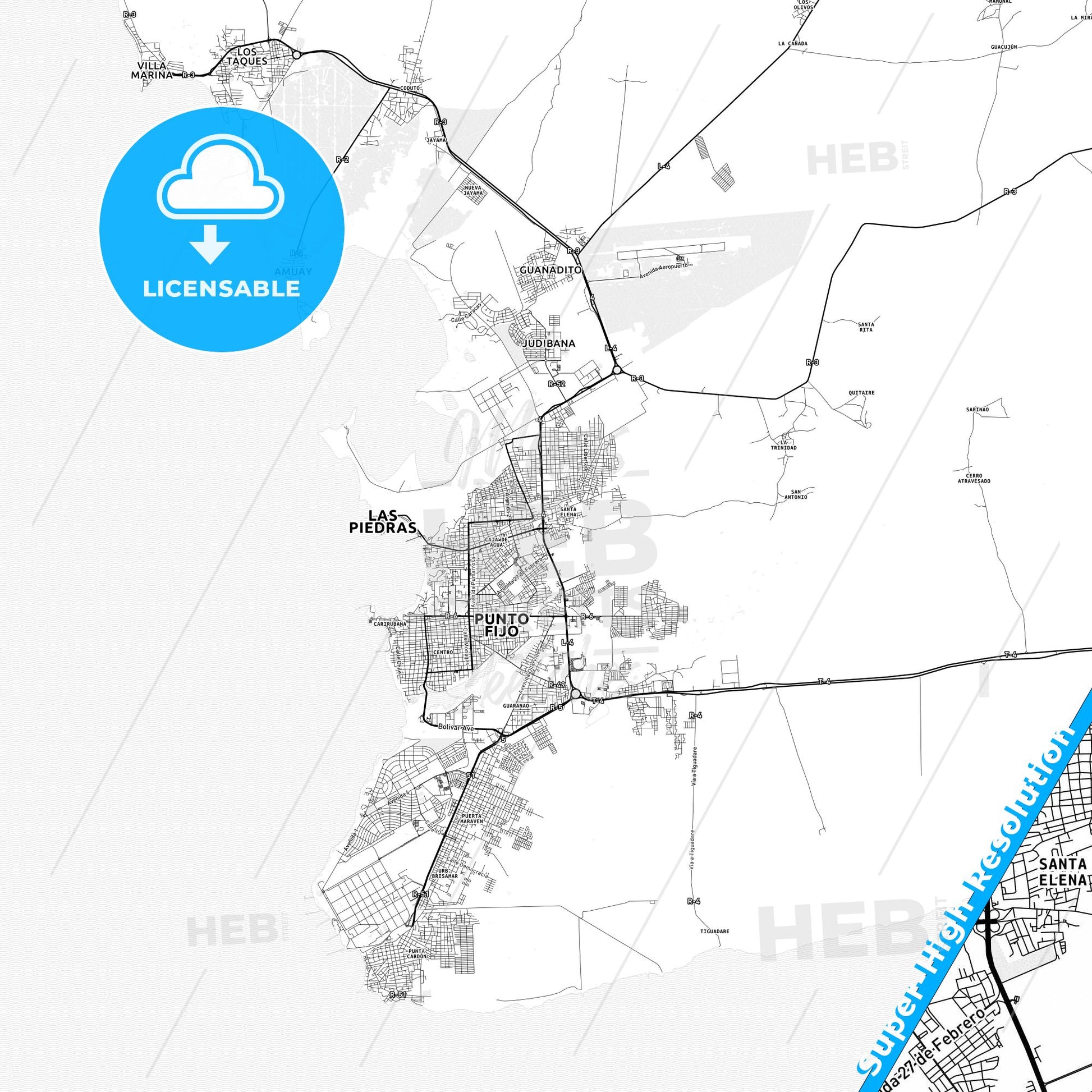 Punto Fijo, Venezuela light map with streetnames, citynames and districts