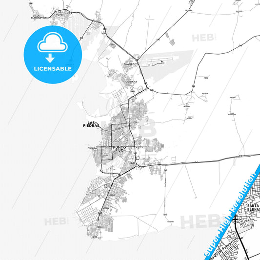 Punto Fijo, Venezuela light map with streetnames, citynames and districts