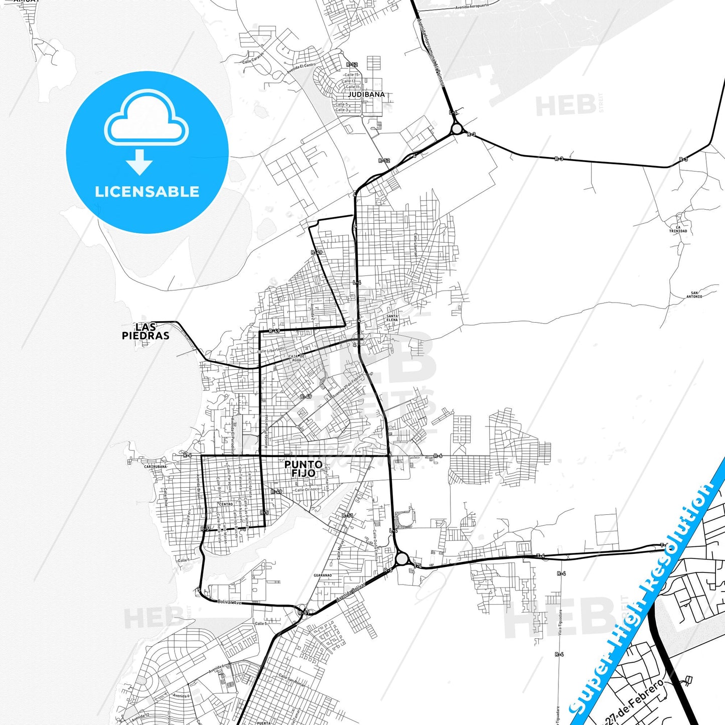 Punto Fijo, Venezuela Light Map with Street Names, City Names, and Districts