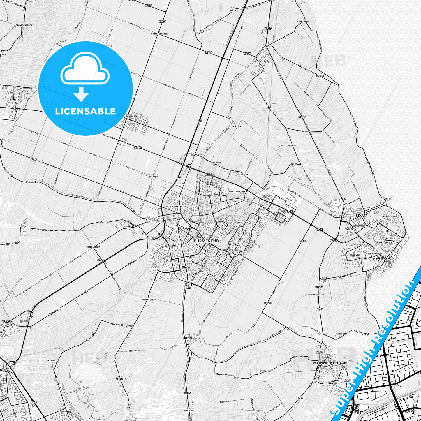 Purmerend, Netherlands light map with streetnames, citynames and districts