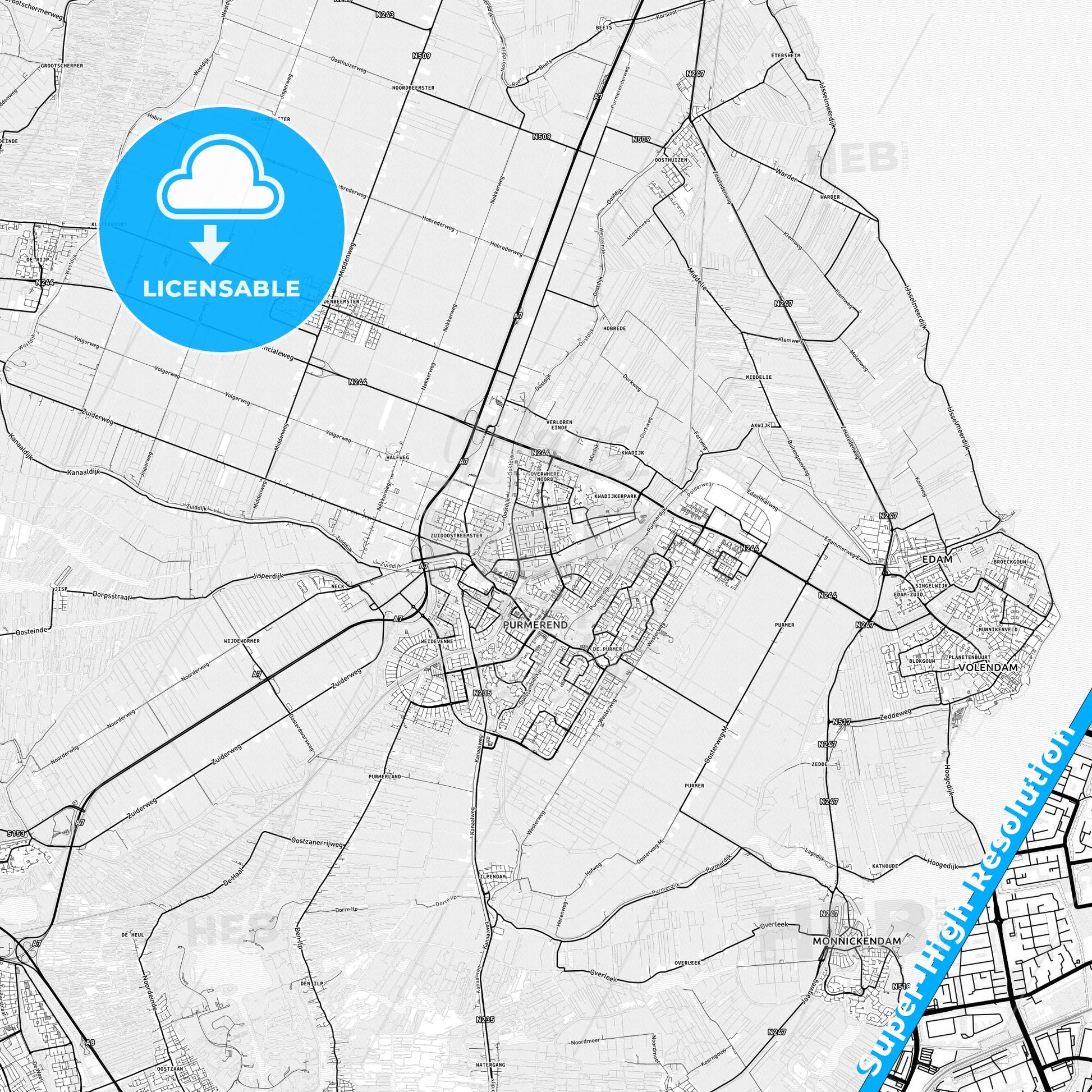 Purmerend, Netherlands light map with streetnames, citynames and districts