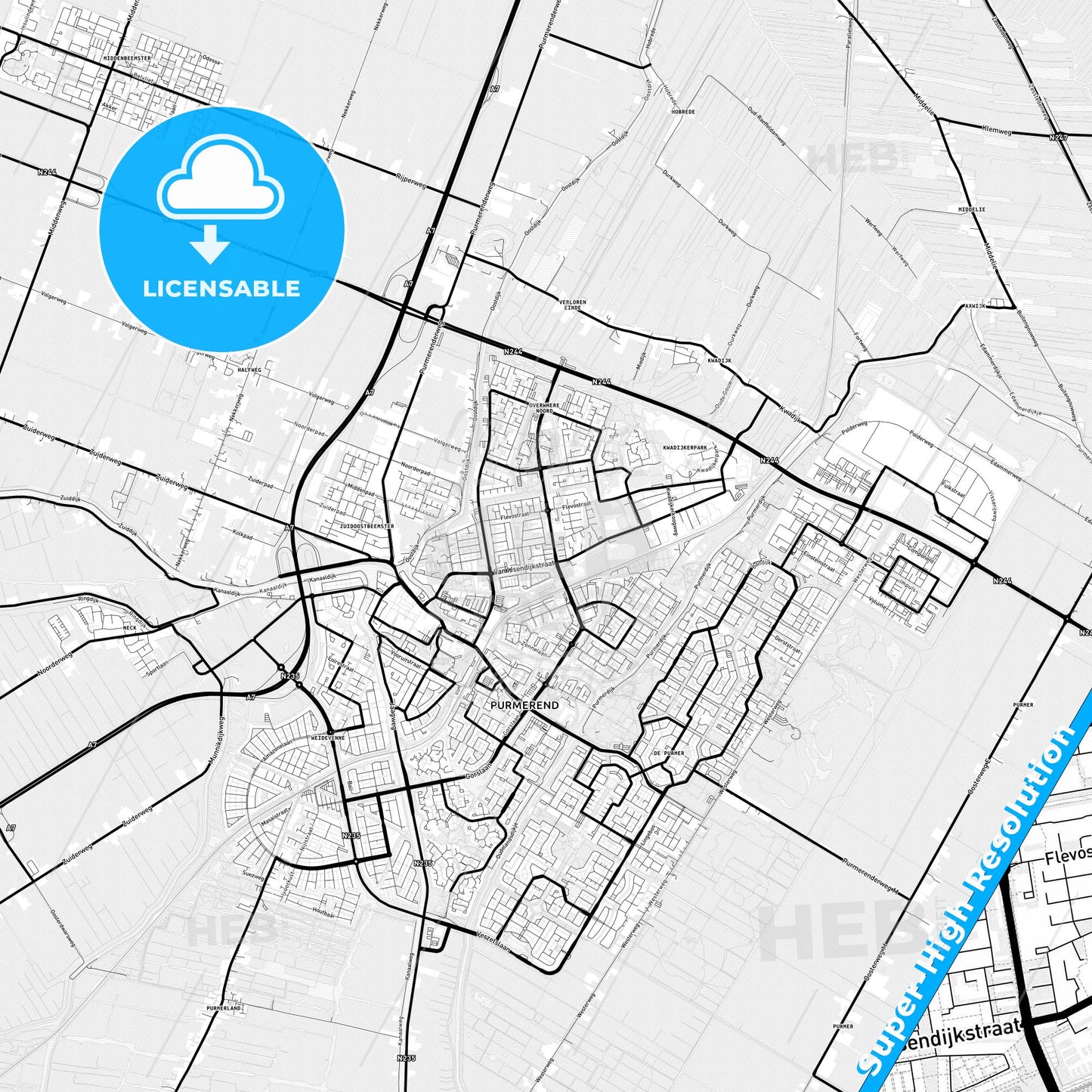 Purmerend, Netherlands Light Map with Street Names, City Names, and Districts