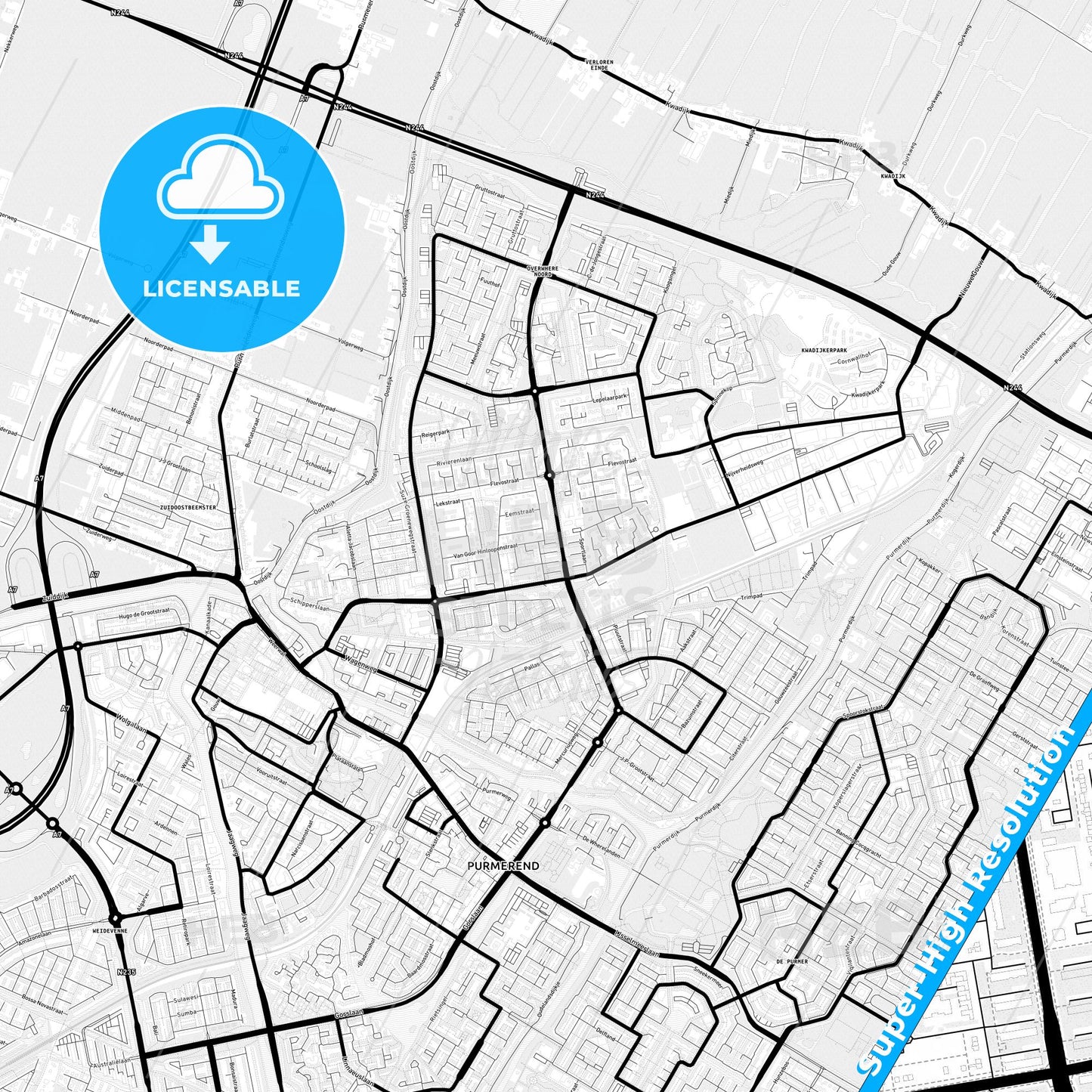 Purmerend, Netherlands Light Map with Street Names, City Names, and Districts