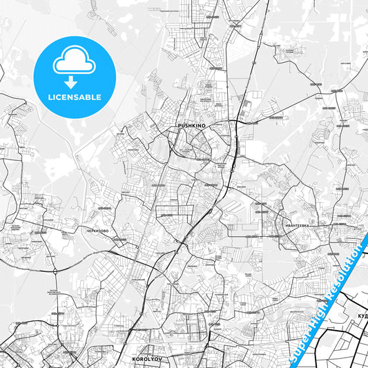 Pushkino, Russia light map with streetnames, citynames and districts